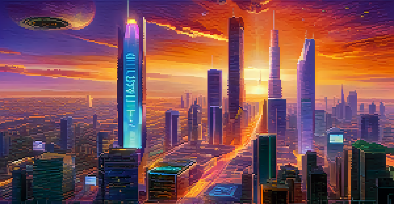 A futuristic city skyline with digital billboards displaying cryptocurrency values and a vibrant sunset sky.