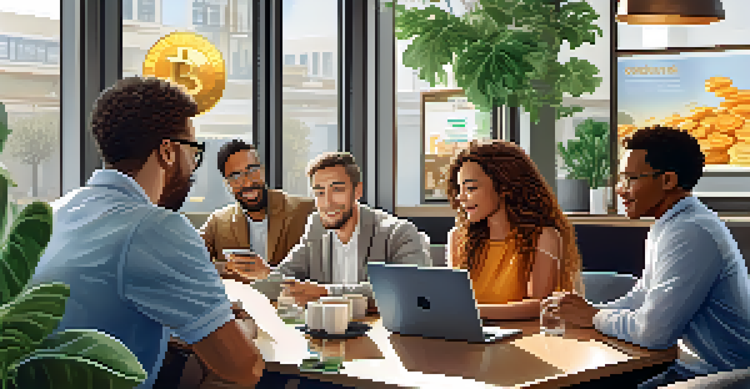 A diverse group of people discussing cryptocurrency in a bright café with laptops and charts.