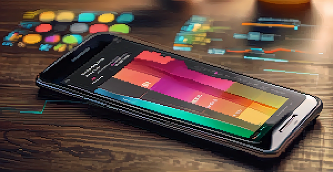 A smartphone displaying a digital cryptocurrency wallet interface with colorful graphs and real-time data, placed on a wooden table under warm lighting.