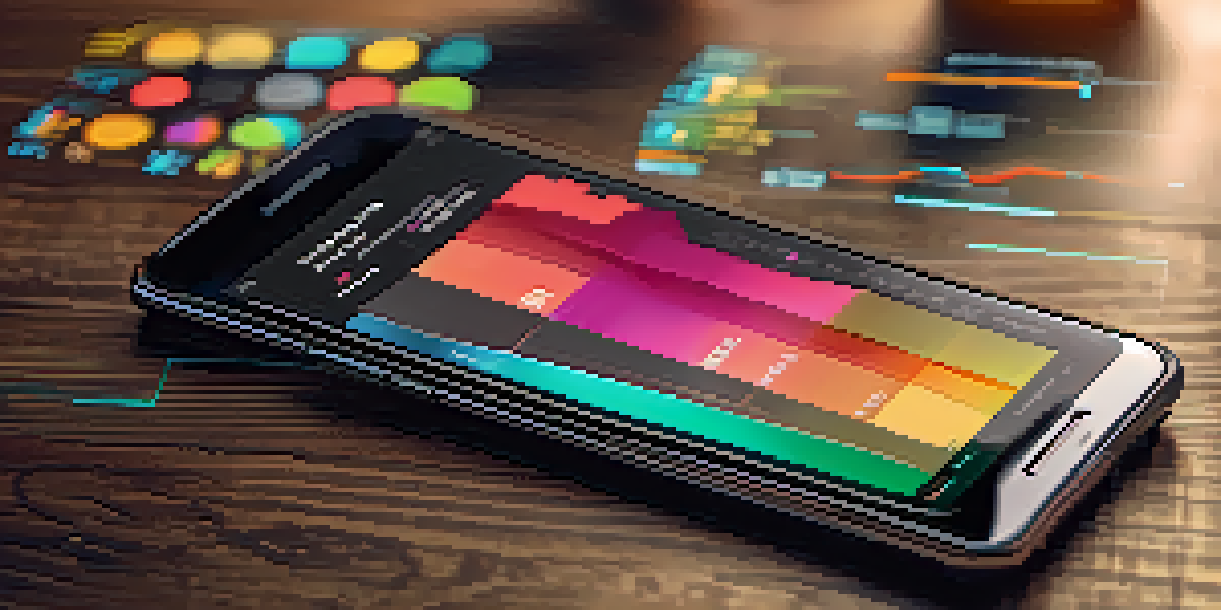 A smartphone displaying a digital cryptocurrency wallet interface with colorful graphs and real-time data, placed on a wooden table under warm lighting.