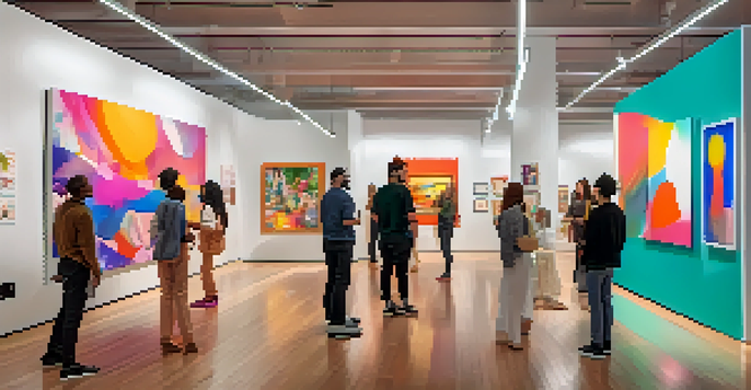 A digital art gallery with diverse people admiring colorful NFTs under bright lights.