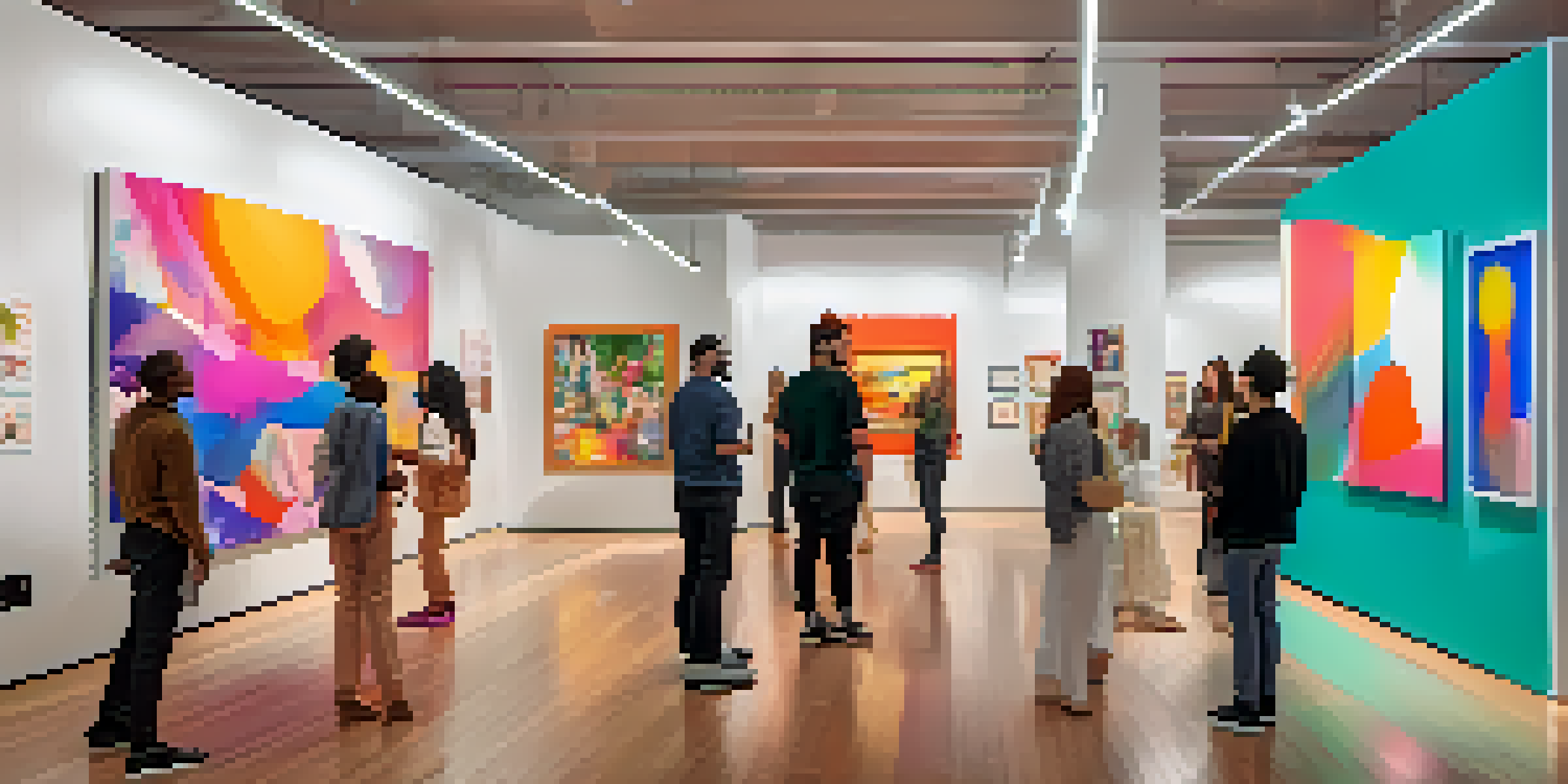 A digital art gallery with diverse people admiring colorful NFTs under bright lights.