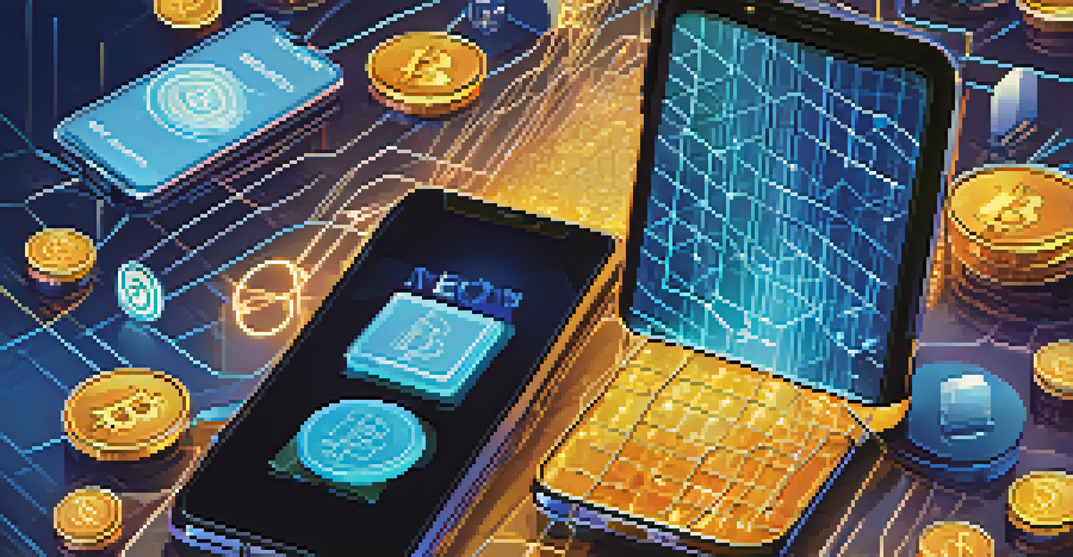 A smartphone screen showing a digital wallet with various cryptocurrencies, set against a background of blockchain elements.