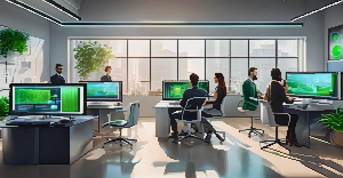 A modern office where diverse professionals are working together, analyzing digital assets on computer screens with graphs and blockchain data.