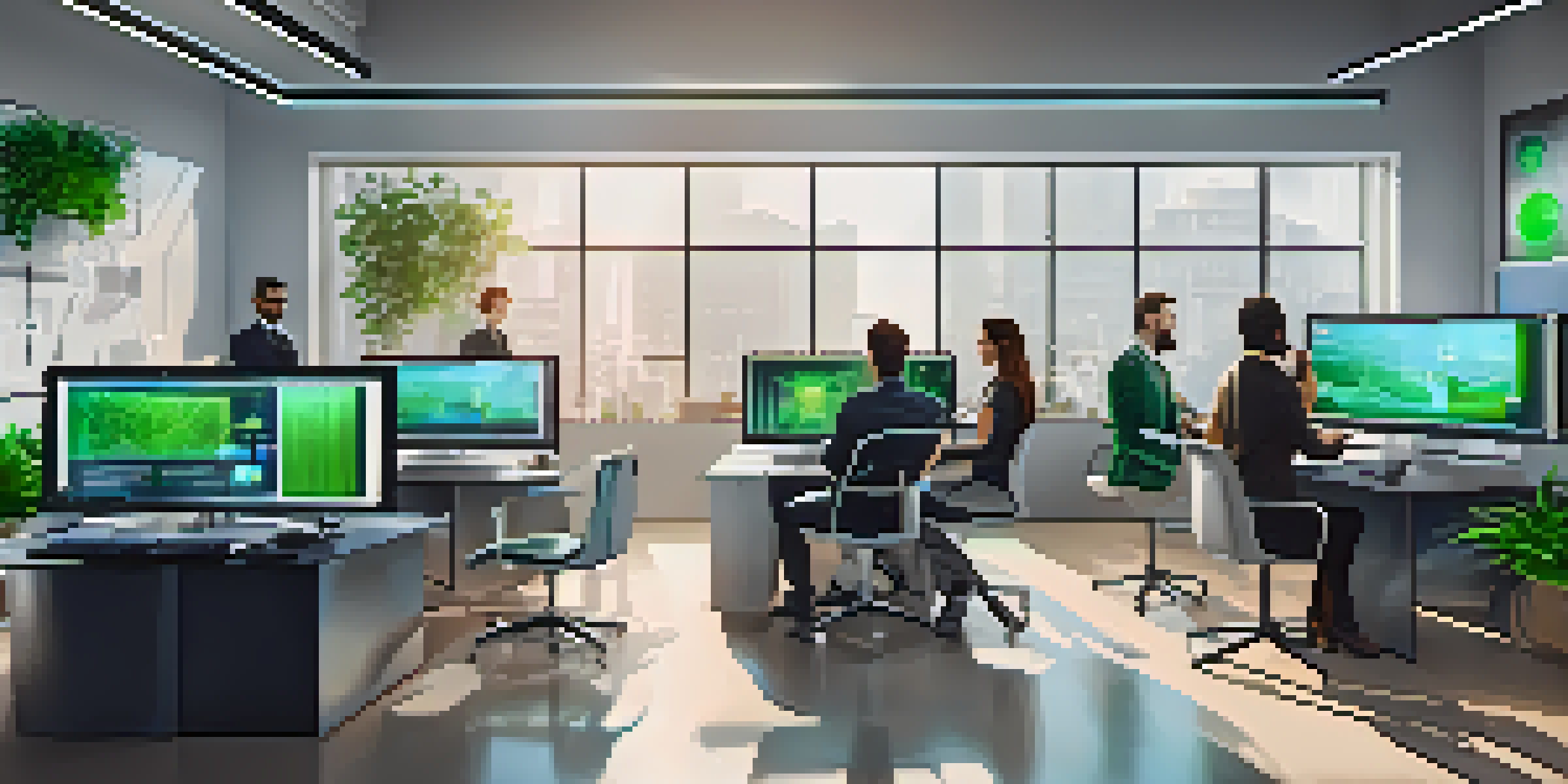 A modern office where diverse professionals are working together, analyzing digital assets on computer screens with graphs and blockchain data.