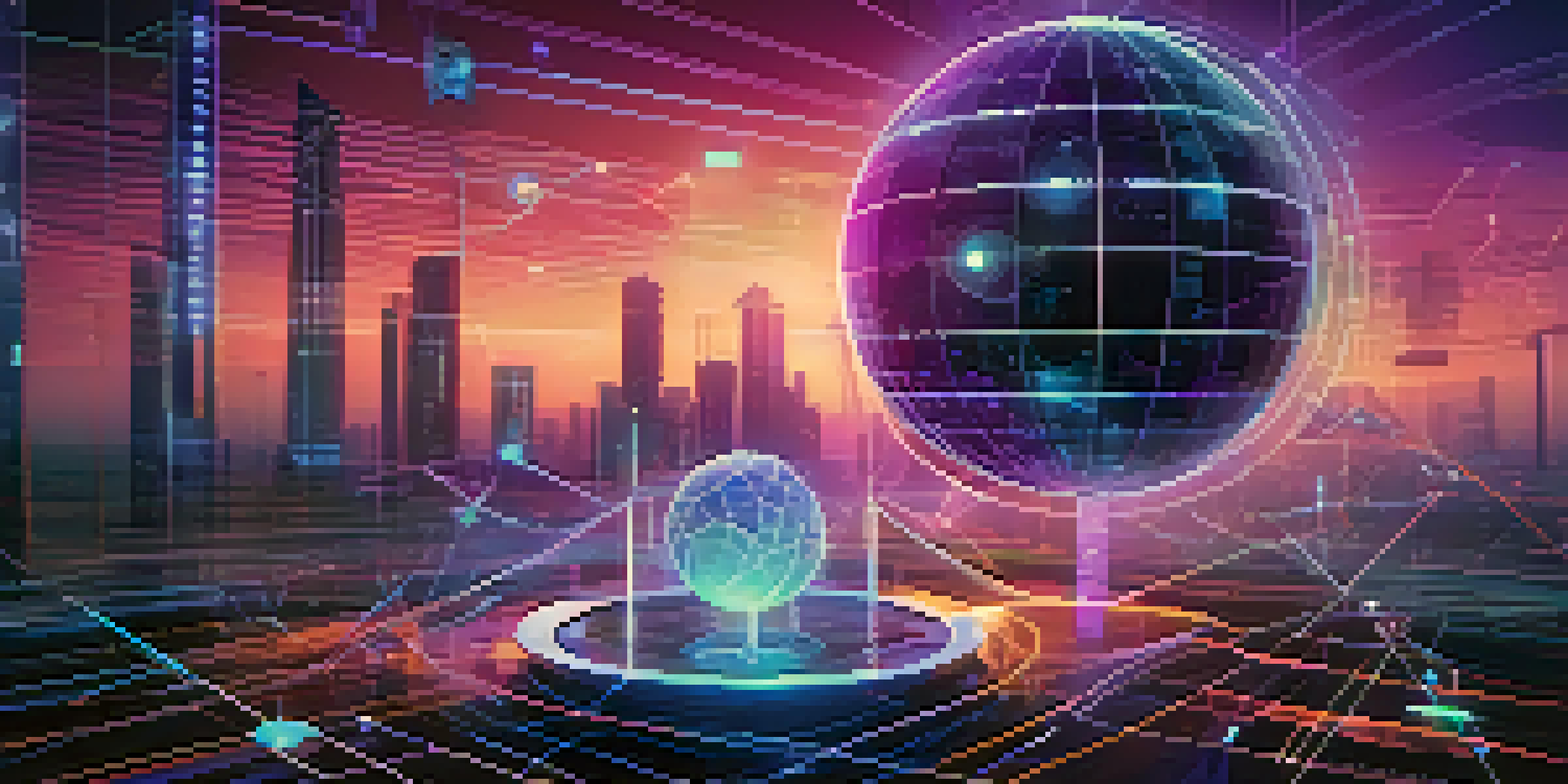 A digital illustration of a decentralized oracle system with glowing nodes and a central globe representing blockchain technology, surrounded by various data sources.