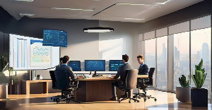 A modern office interior featuring cryptocurrency charts, professionals discussing around a table with laptops and documents.