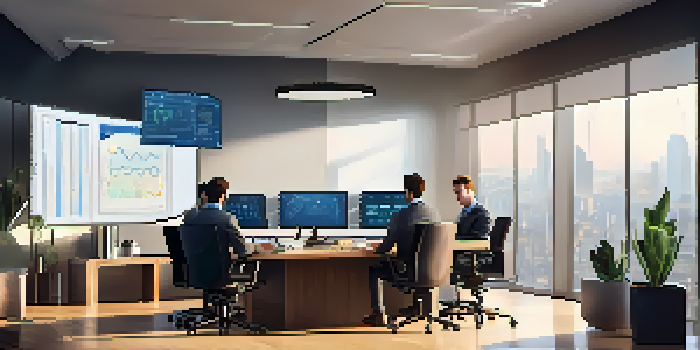 A modern office interior featuring cryptocurrency charts, professionals discussing around a table with laptops and documents.