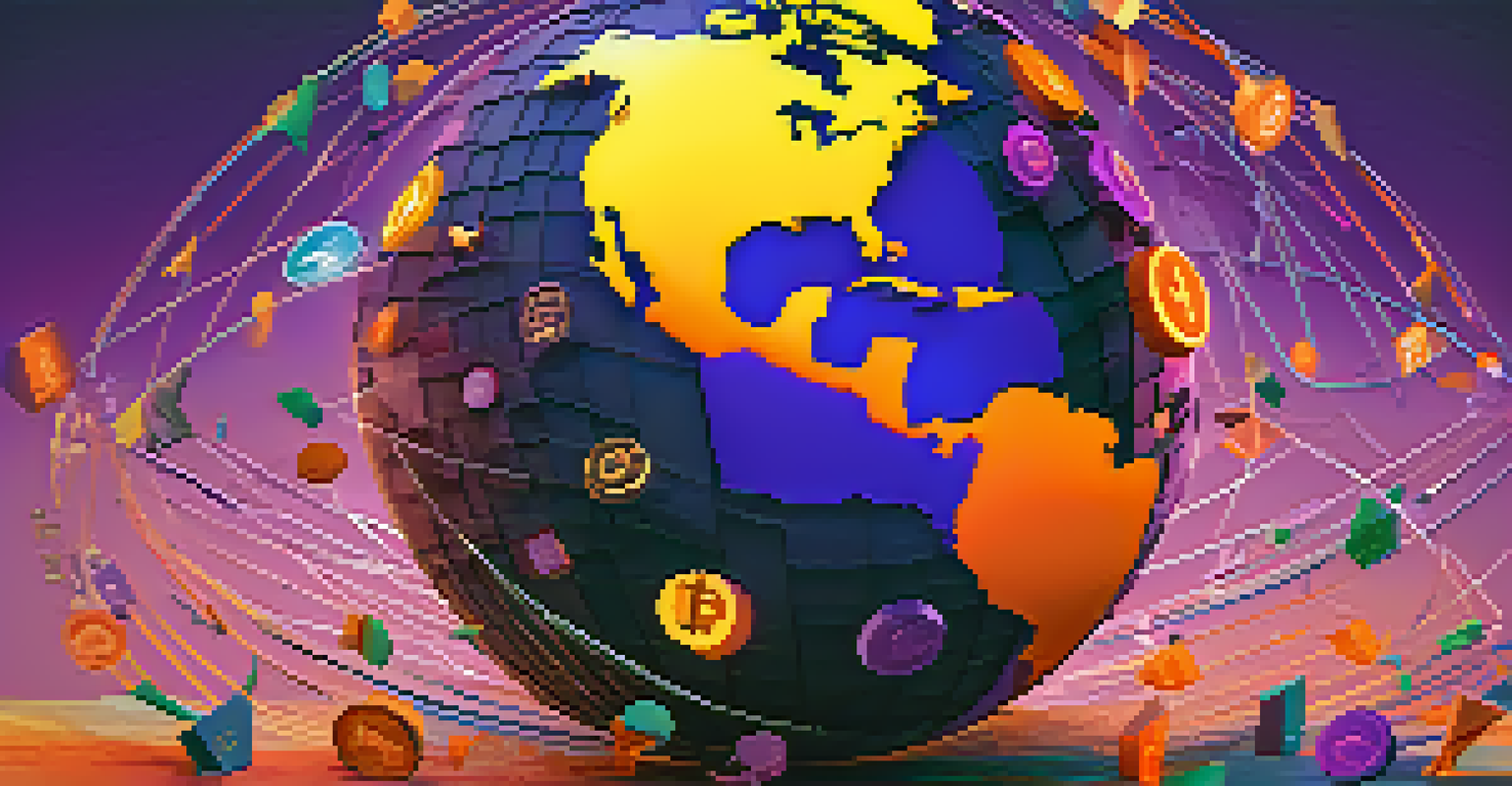 A globe made of cryptocurrency symbols with colorful digital data streams around it.