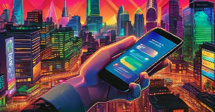 A hand holding a smartphone with a digital wallet app showing cryptocurrency icons, set against a colorful cityscape at dusk.