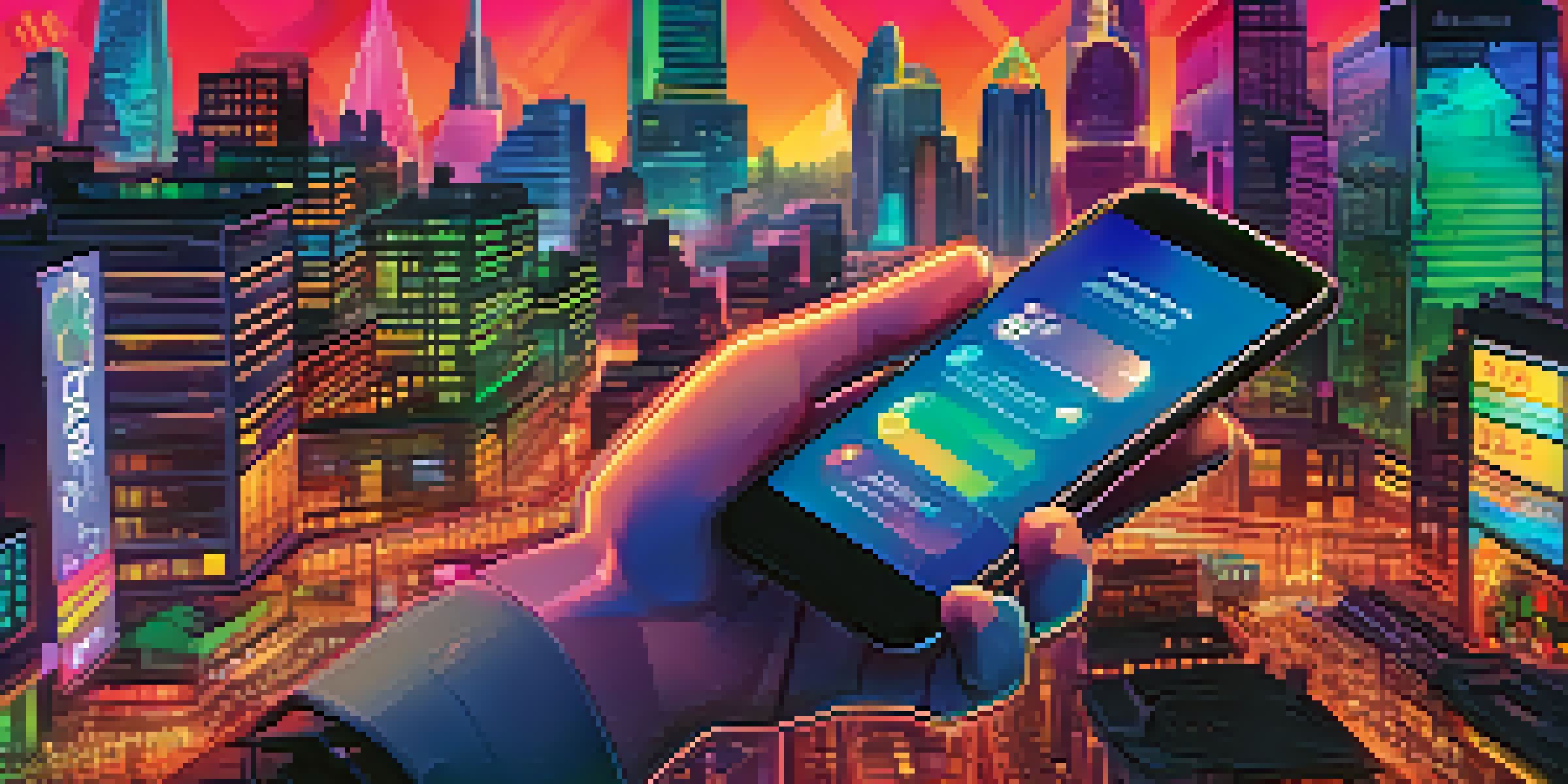 A hand holding a smartphone with a digital wallet app showing cryptocurrency icons, set against a colorful cityscape at dusk.