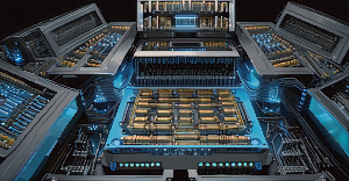 A close-up view of a modern ASIC mining machine with blue LED lights against a dark background.