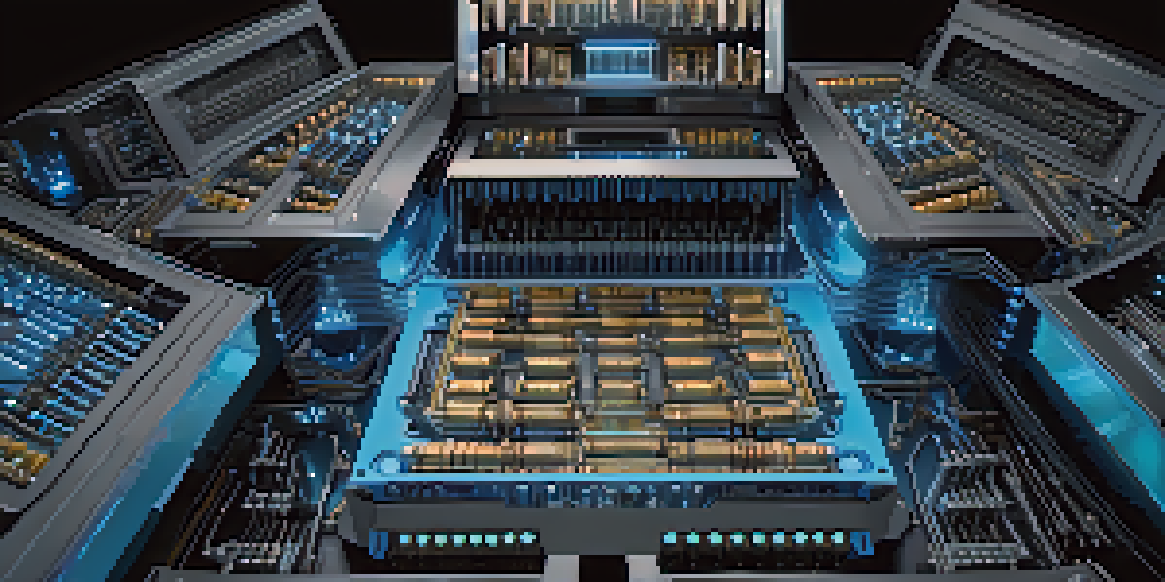 A close-up view of a modern ASIC mining machine with blue LED lights against a dark background.
