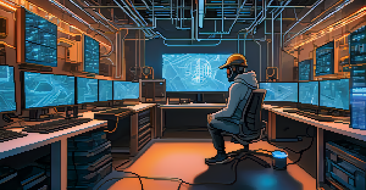 A cryptocurrency miner working at a desk surrounded by computers and screens.
