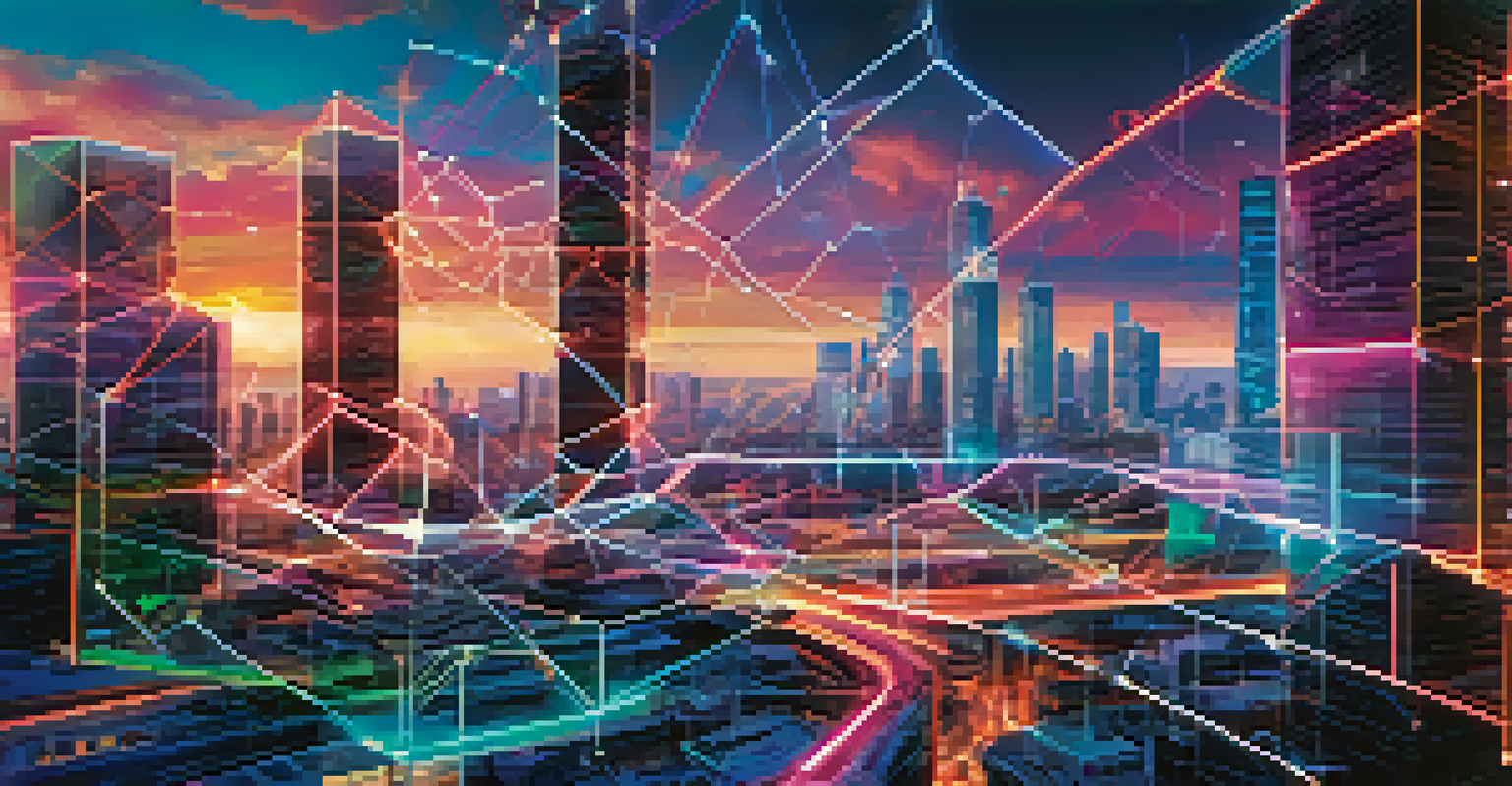 An artistic visualization of blockchain technology with interconnected blocks and a digital art piece being authenticated against a futuristic skyline.