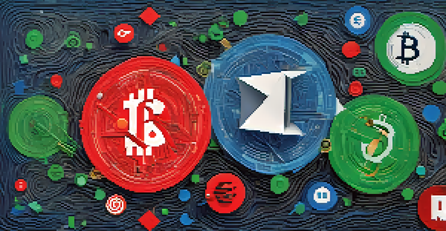 An abstract image depicting misinformation in cryptocurrency with swirling headlines and social media icons.