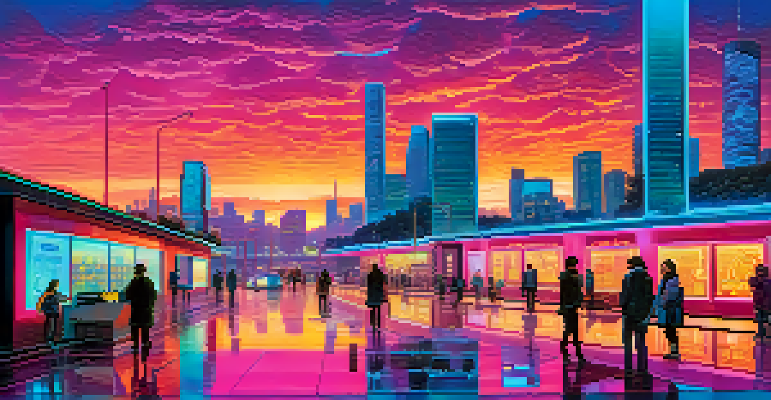 A modern cityscape at dusk with traditional banks and neon cryptocurrency symbols, featuring people using smartphones for transactions.