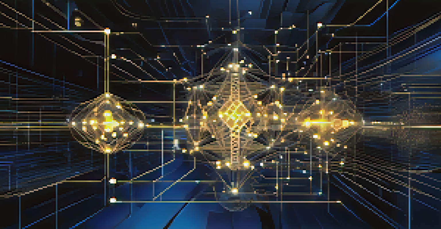An abstract depiction of decentralized finance with interconnected blockchain nodes and data flow in blue and gold tones.