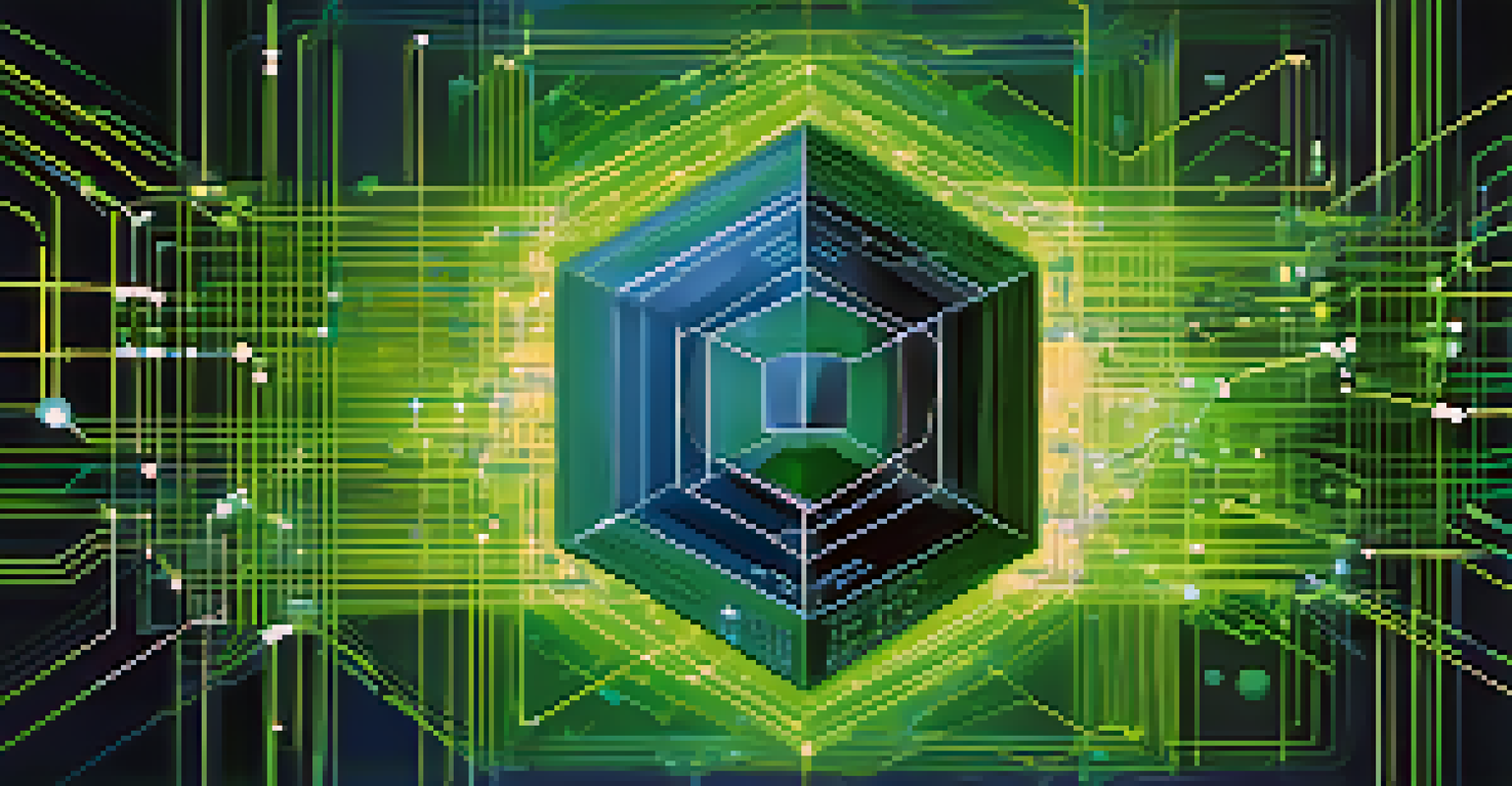 An abstract image depicting the connection between artificial intelligence and smart contracts, with a network of lines and digital elements in blue and green tones.