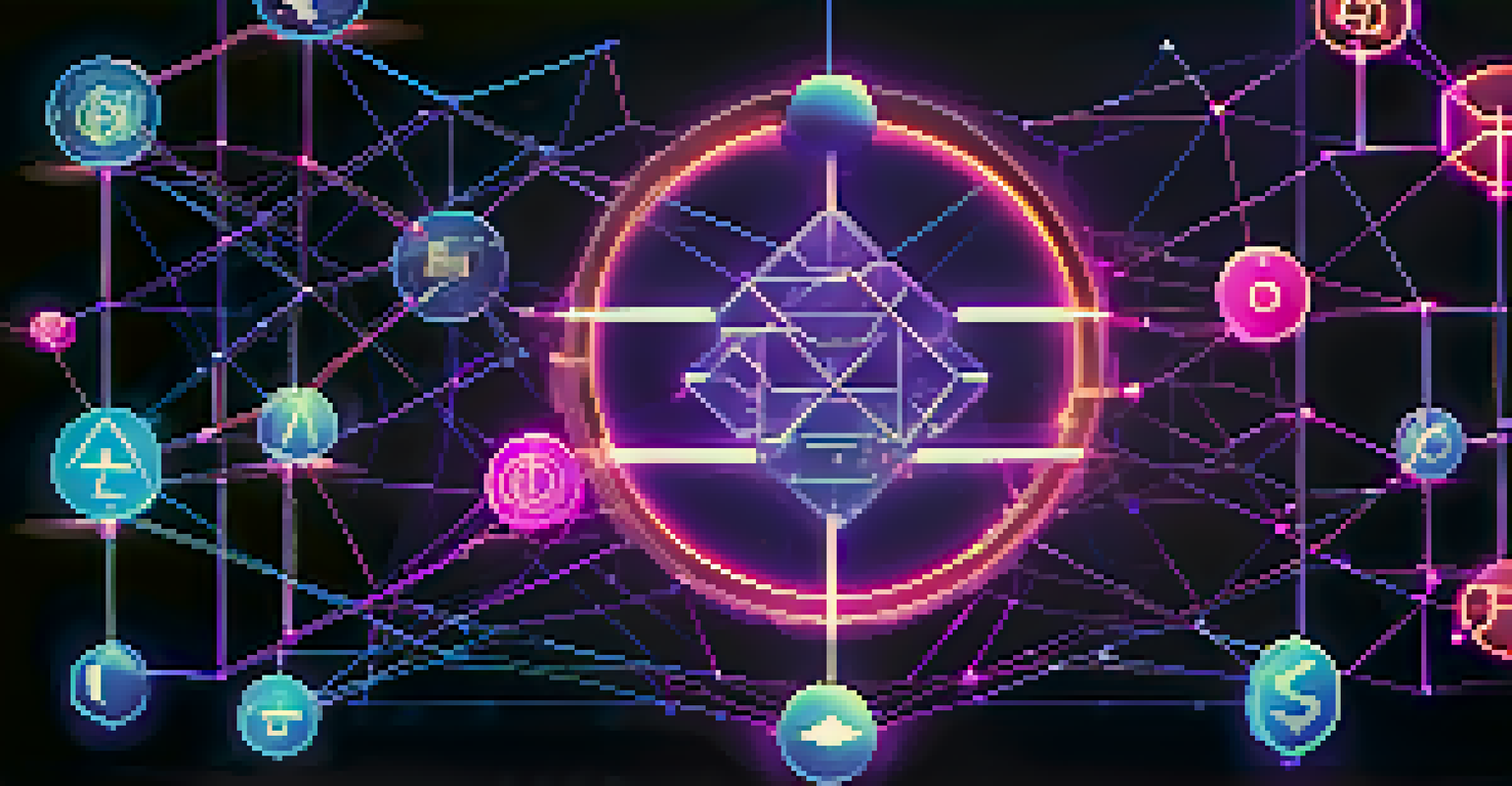 An artistic representation of blockchain technology with interconnected nodes and digital currency symbols in a dark gradient background.