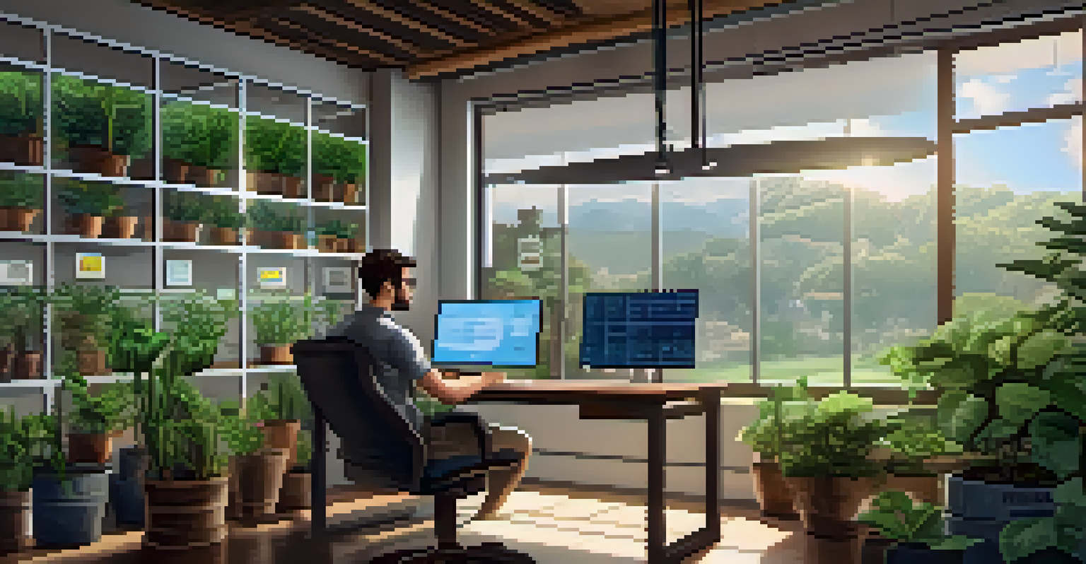 A small business owner at a desk with a laptop analyzing cryptocurrency market trends in a bright, plant-filled room.