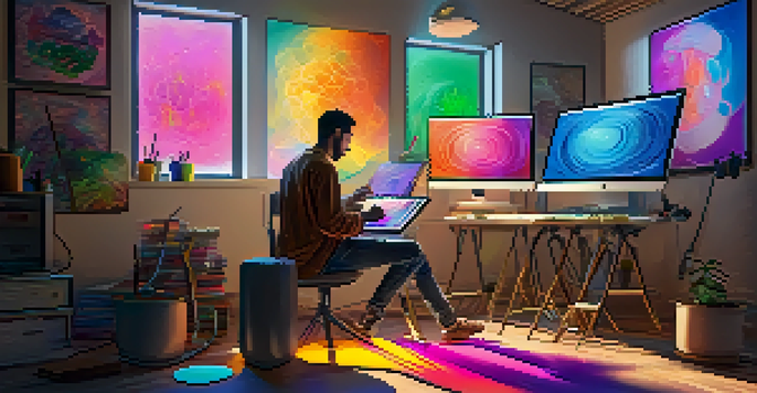 An artist working on a digital tablet in a colorful art studio, surrounded by floating symbols of cryptocurrencies.