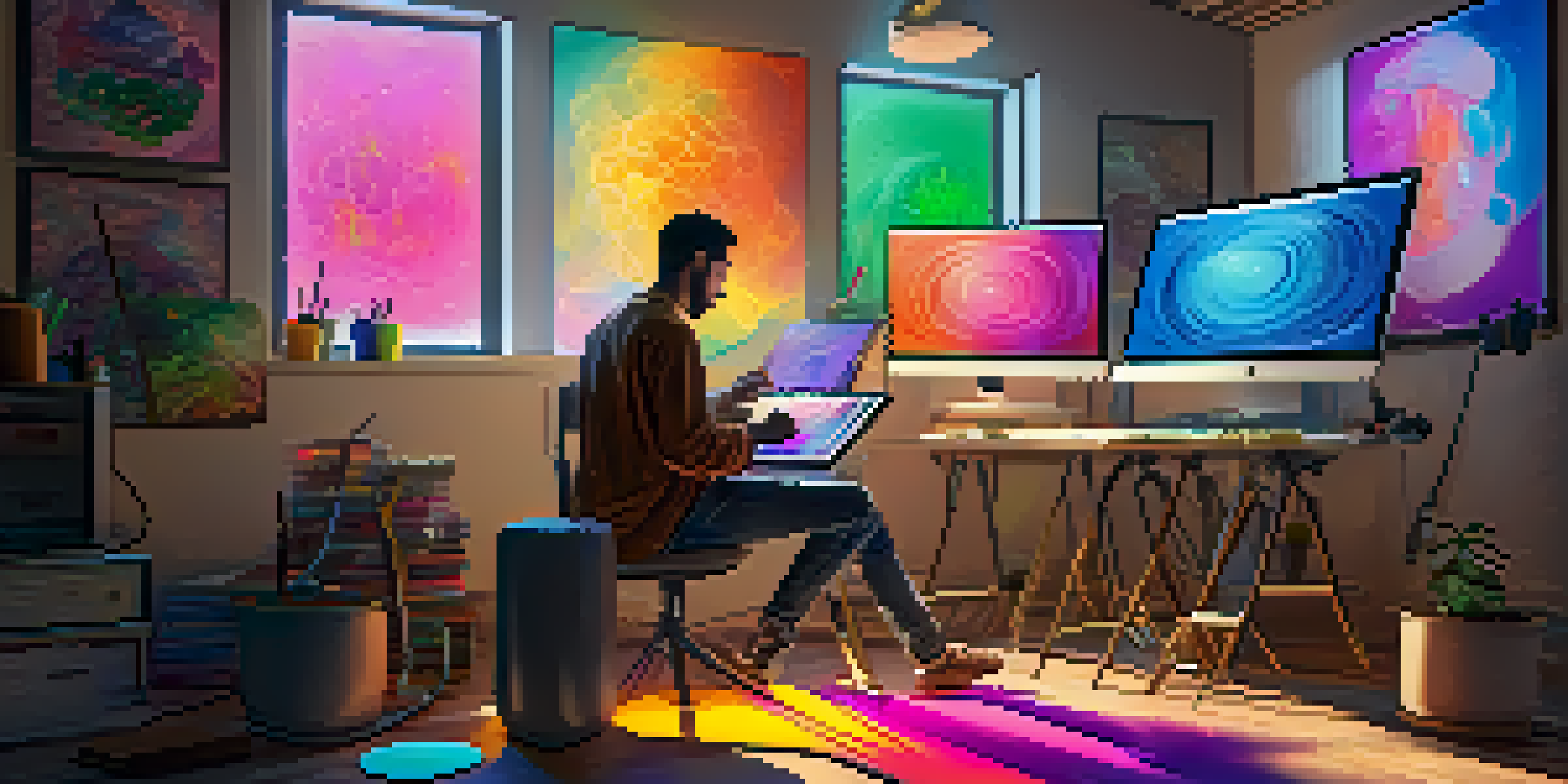 An artist working on a digital tablet in a colorful art studio, surrounded by floating symbols of cryptocurrencies.