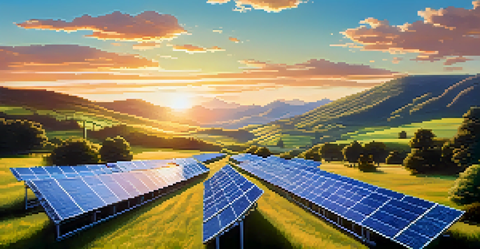 A modern cryptocurrency mining farm set against a serene landscape with solar panels, illuminated by sunset light.