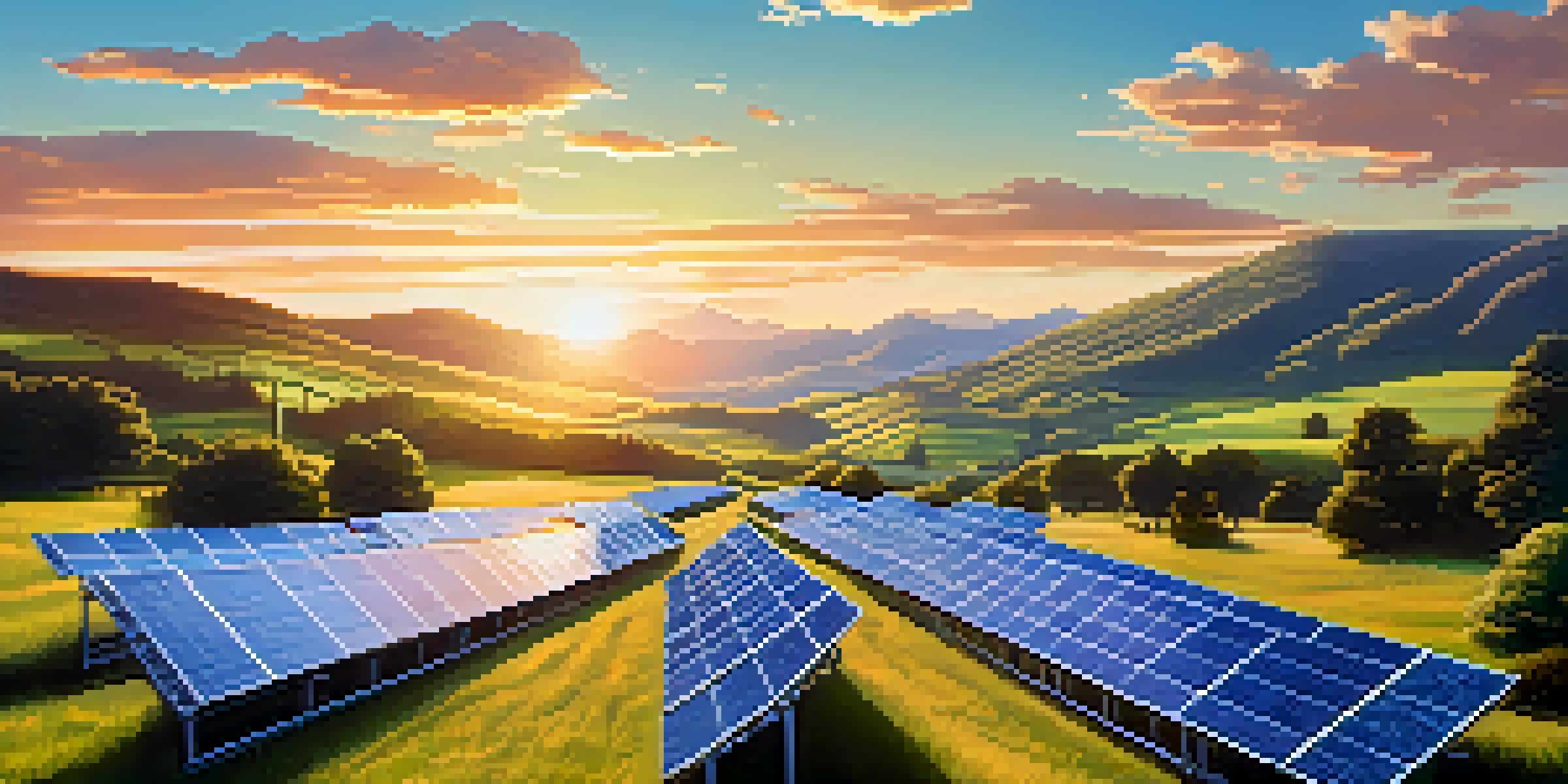 A modern cryptocurrency mining farm set against a serene landscape with solar panels, illuminated by sunset light.