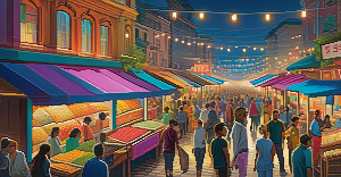 A colorful marketplace with diverse people engaging in peer-to-peer transactions, highlighting a sense of community and cooperation.