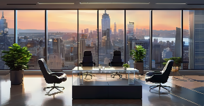 A modern office with a glass table, high-backed chairs, and a city skyline view at dusk, featuring warm lighting and stock market trends on a screen.