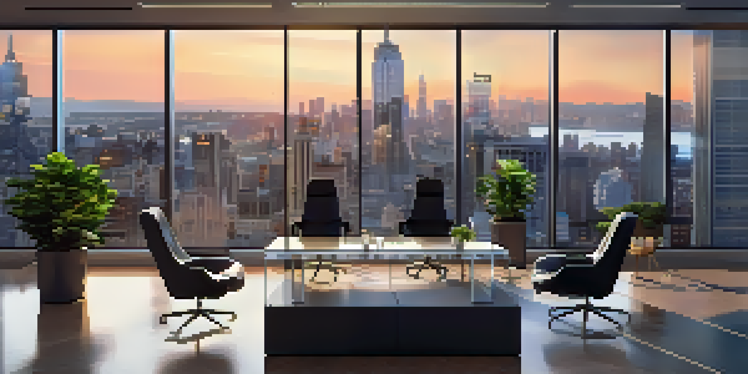 A modern office with a glass table, high-backed chairs, and a city skyline view at dusk, featuring warm lighting and stock market trends on a screen.