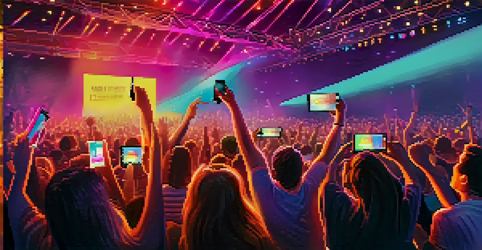 An energetic concert with fans holding smartphones showing NFT tickets, vibrant stage lights, and an engaged audience.