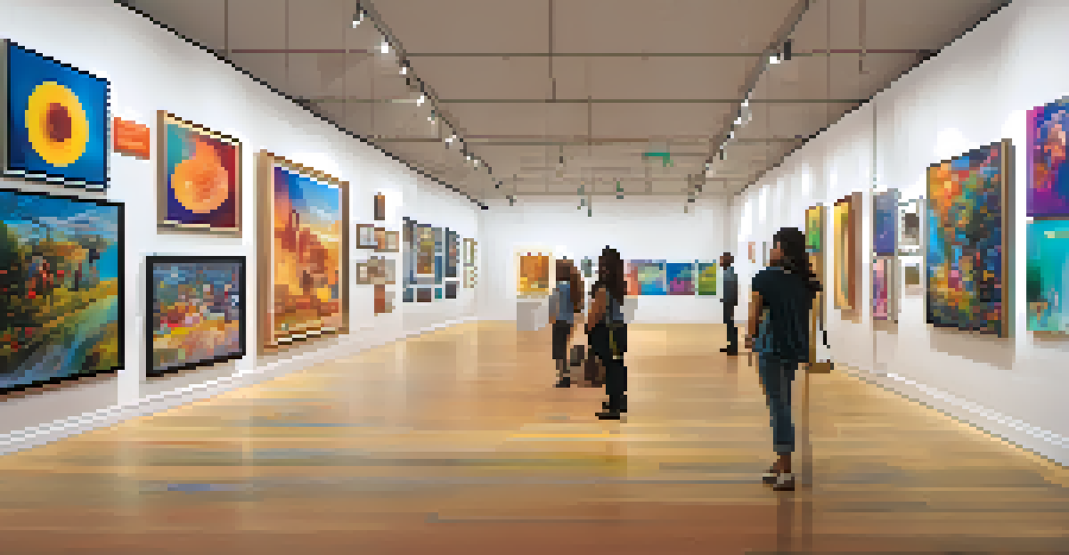 An art gallery filled with colorful paintings and digital tokens labeling each artwork, with visitors exploring the space.
