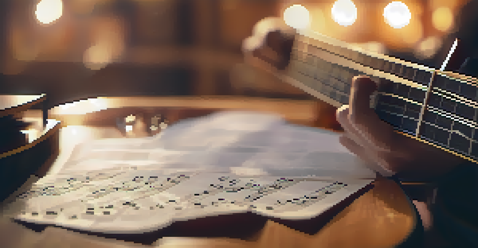 A close-up of a musician playing guitar with sheet music and a digital ledger in the foreground.