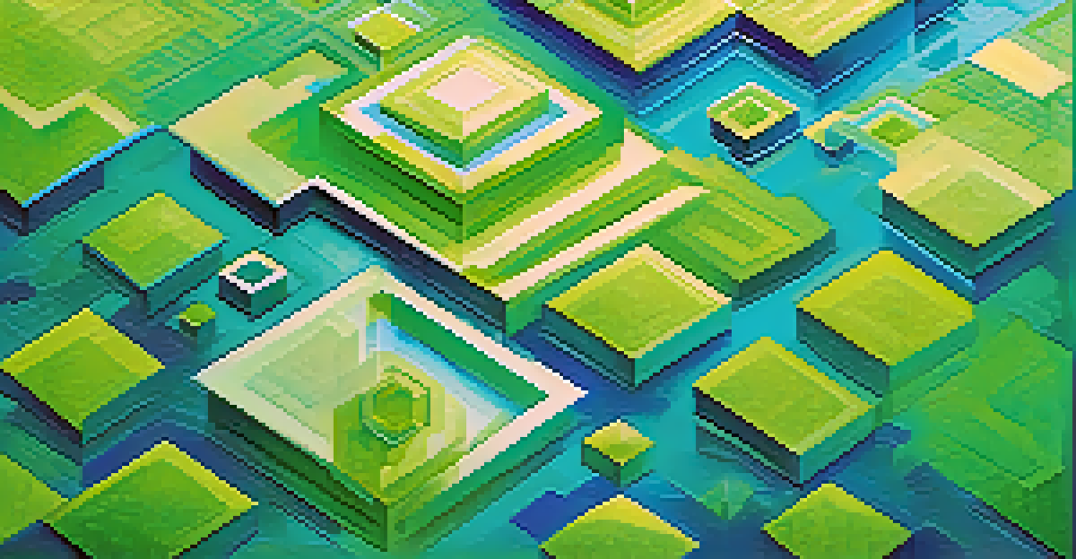 An abstract image of interlocking tokens in vibrant geometric shapes on a blue and green gradient background, representing a liquidity pool.