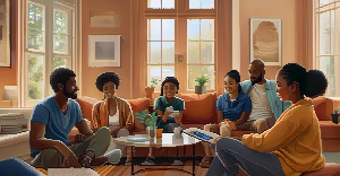 A diverse group of individuals, including a low-income family and an immigrant, gathered around a smartphone showing a cryptocurrency app in a cozy living room.