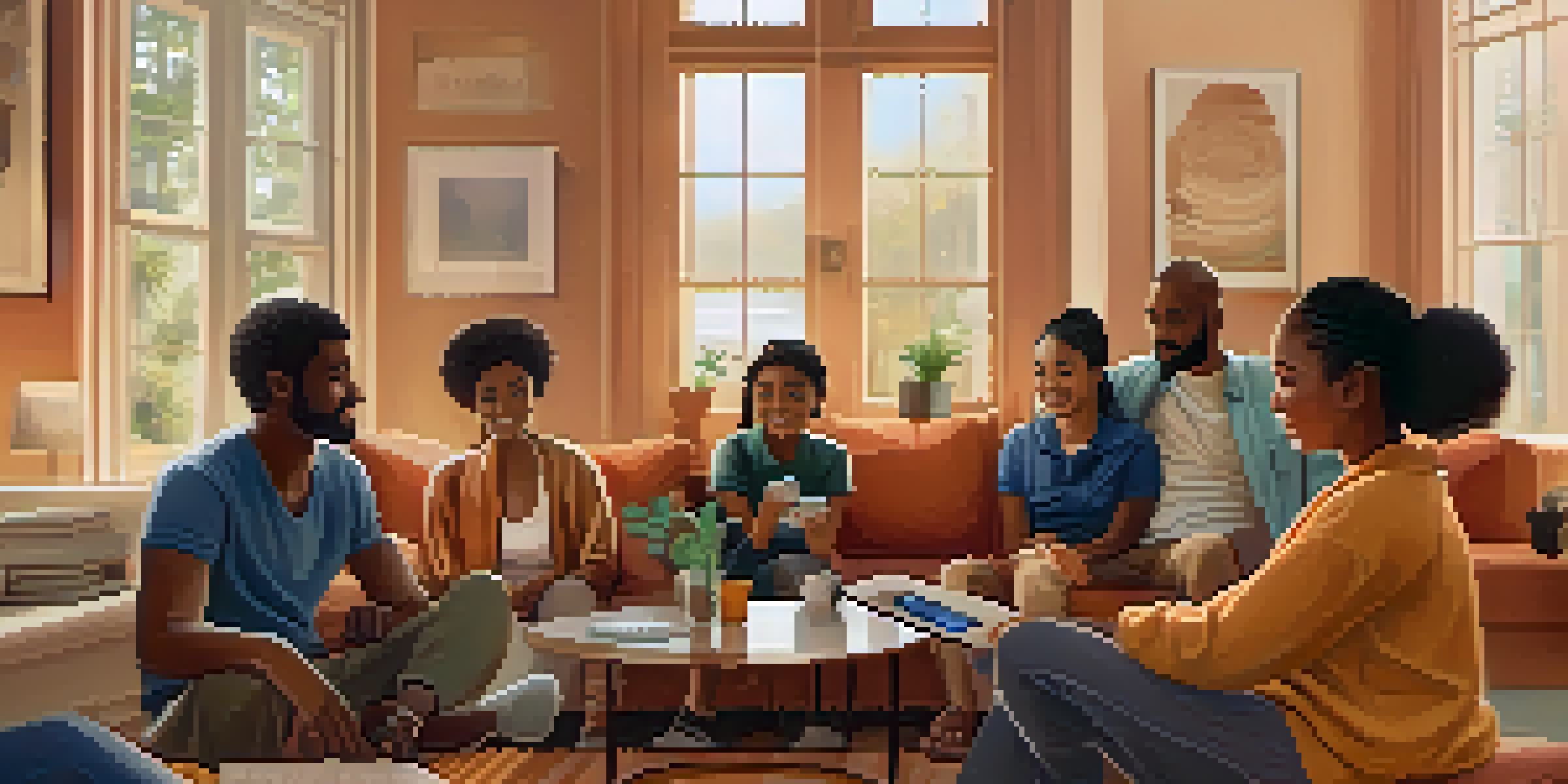 A diverse group of individuals, including a low-income family and an immigrant, gathered around a smartphone showing a cryptocurrency app in a cozy living room.