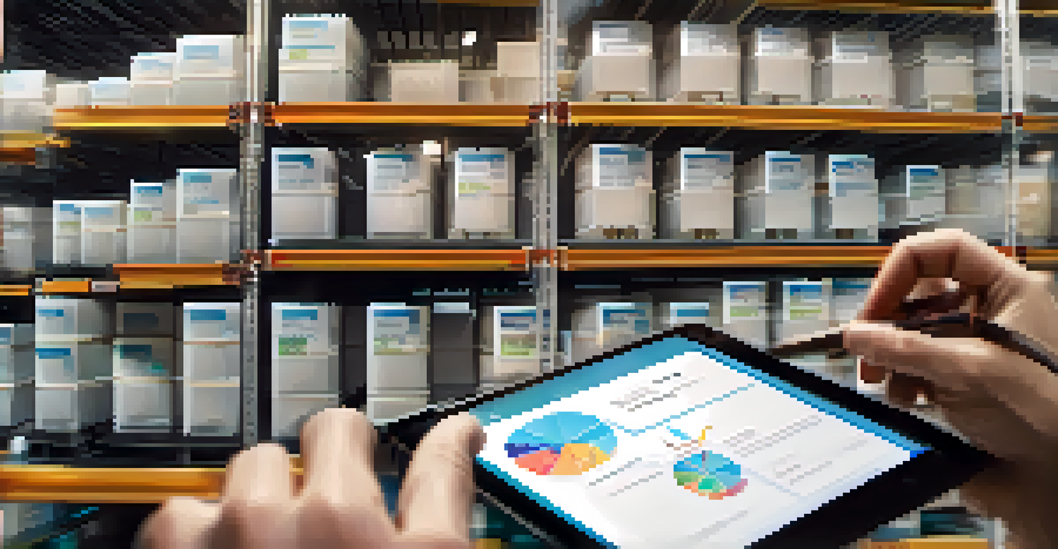 A close-up of a blockchain ledger on a tablet, with a hand indicating a transaction, set against a warehouse filled with products and natural light.