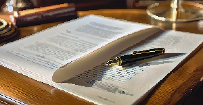 A traditional contract document on a wooden table with a fountain pen beside it, illuminated by warm lighting.