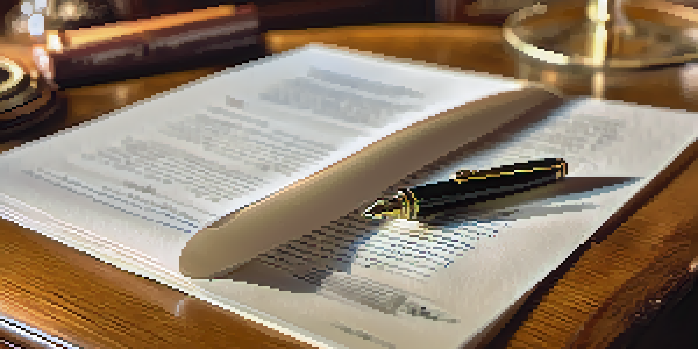 A traditional contract document on a wooden table with a fountain pen beside it, illuminated by warm lighting.