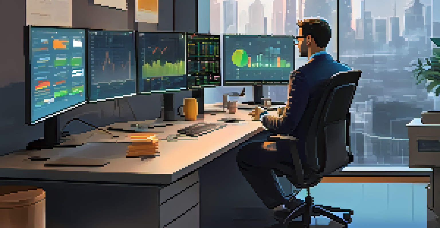 A person at a desk in a modern office, studying cryptocurrency market trends on a computer screen filled with charts and graphs, surrounded by office items.