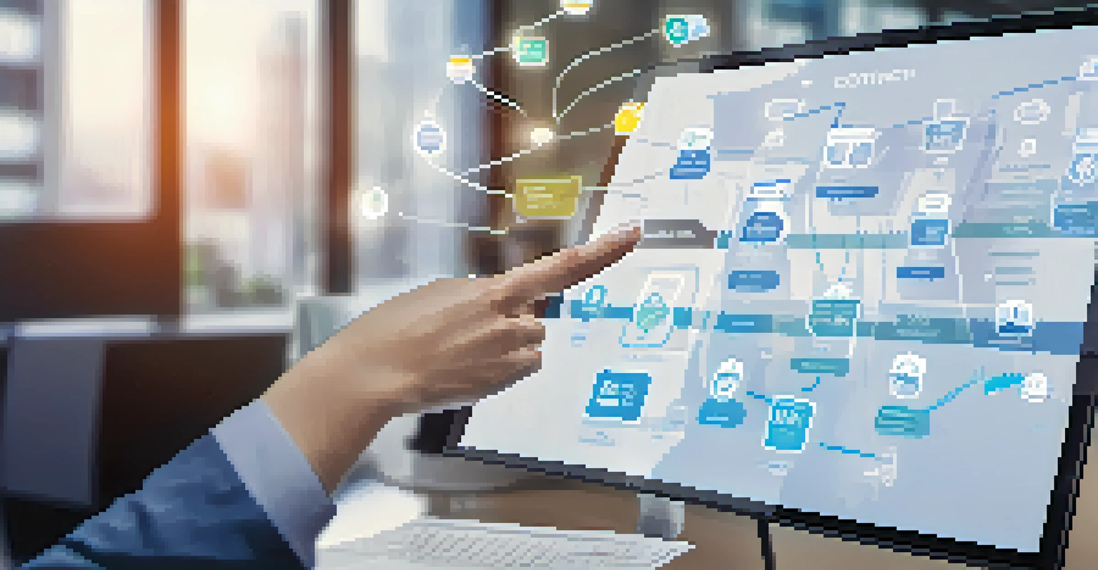 A person using a transparent screen to view smart contract terms, with industry icons in a modern office.