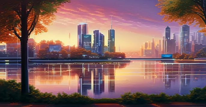 A futuristic city skyline at dusk with glass buildings and a calm river reflecting the sunset, surrounded by trees.