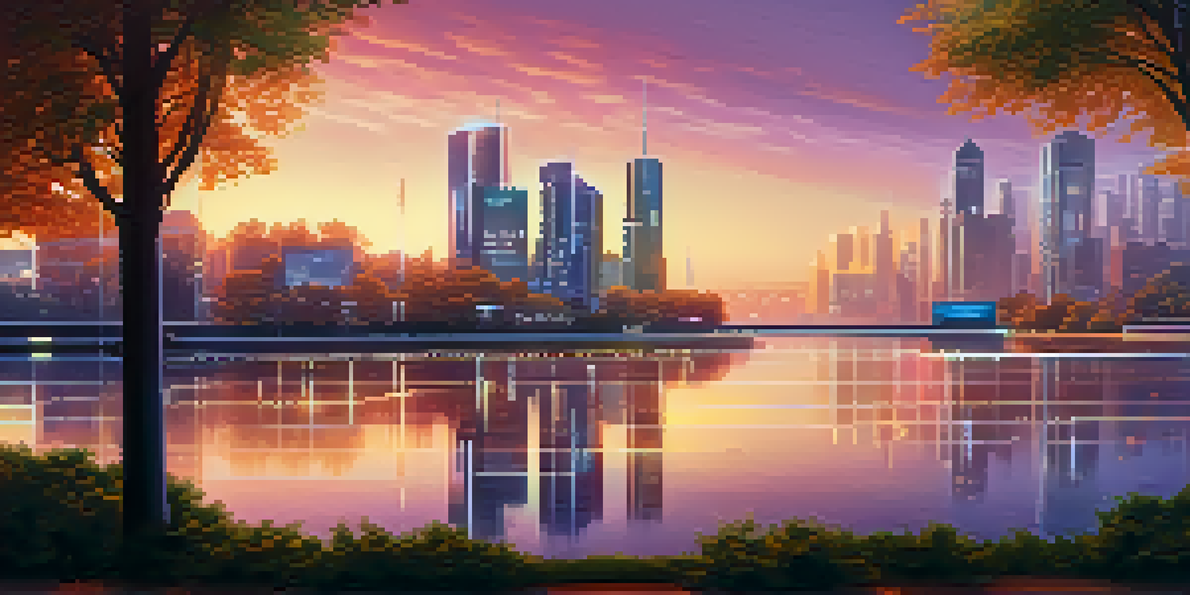 A futuristic city skyline at dusk with glass buildings and a calm river reflecting the sunset, surrounded by trees.
