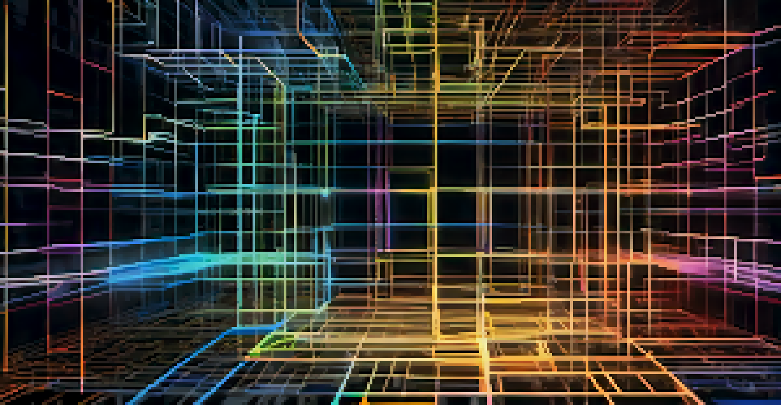 An artistic depiction of a glowing blockchain network with interconnected blocks against a dark background, representing security and transparency.