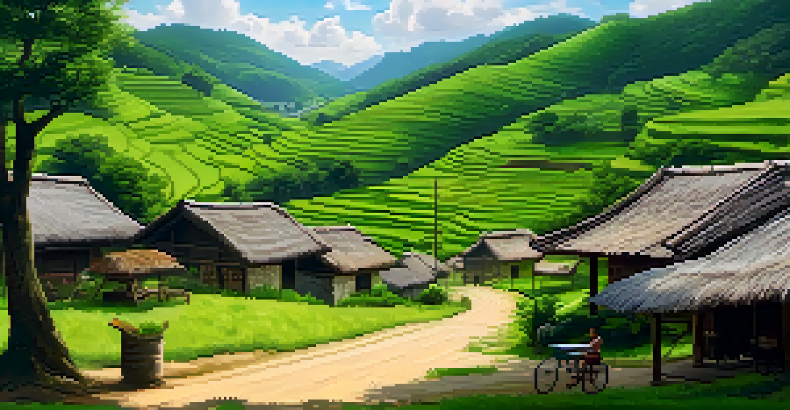 A peaceful rural village where people are using technology for cryptocurrency transactions.