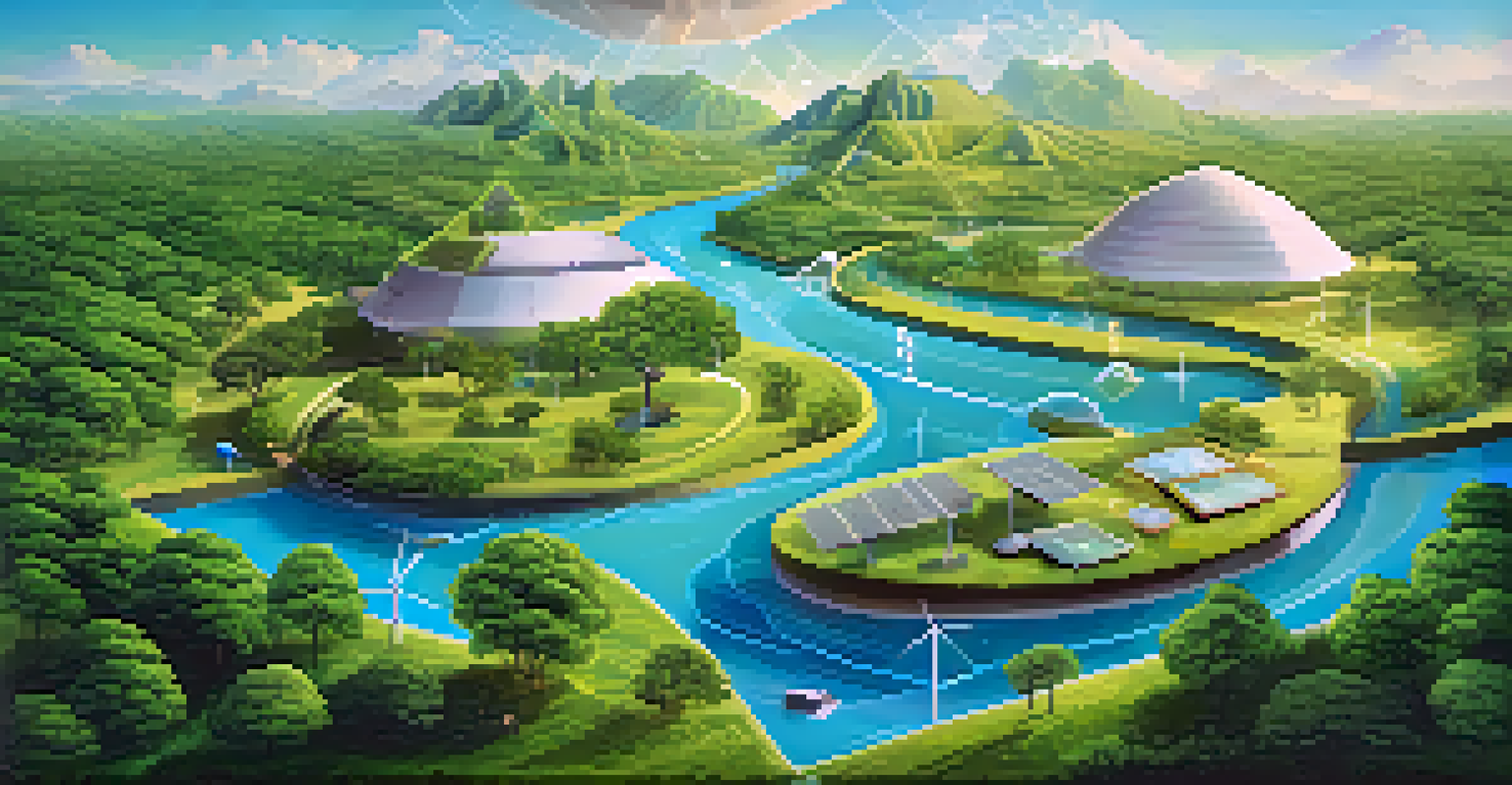 A conceptual illustration showing the balance between innovation in cryptocurrency and sustainability with green trees and energy sources.