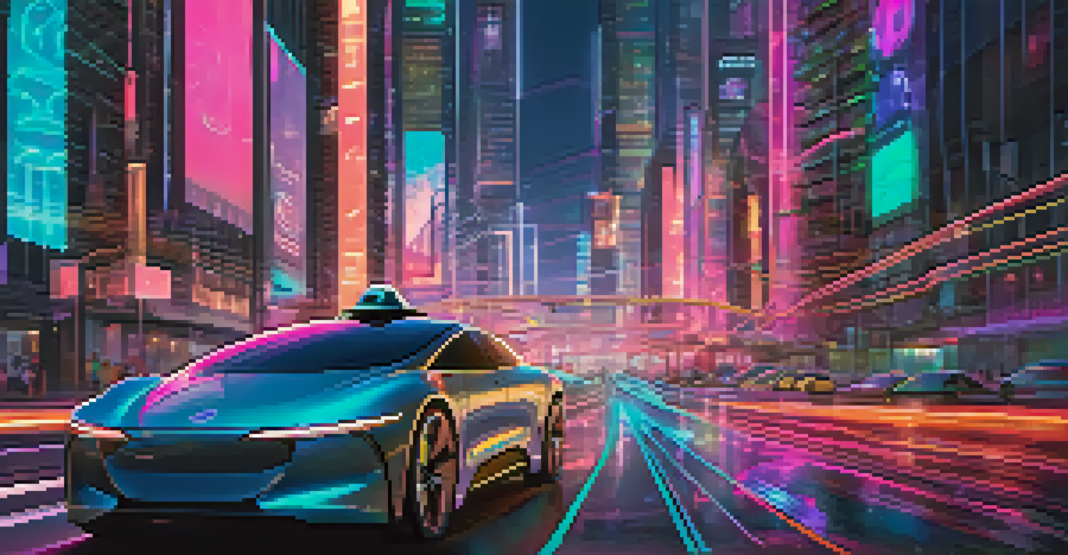 A futuristic self-driving car in a neon-lit smart city with digital displays.