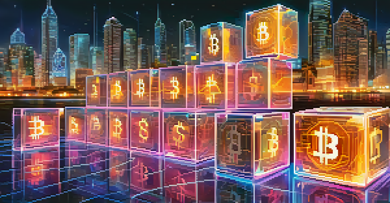 A futuristic image of interlinked transparent blocks representing blockchain technology, with digital currency symbols in a vibrant cityscape.